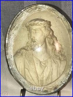 Antique Holy Christ Religious Shrine Domed Glass Oval Frame Unique c1800-1900's