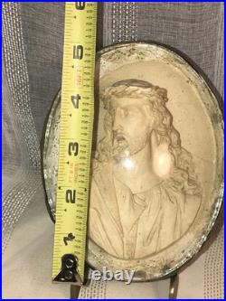 Antique Holy Christ Religious Shrine Domed Glass Oval Frame Unique c1800-1900's