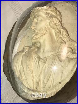 Antique Holy Christ Religious Shrine Domed Glass Oval Frame Unique c1800-1900's