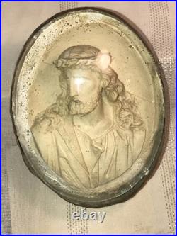 Antique Holy Christ Religious Shrine Domed Glass Oval Frame Unique c1800-1900's