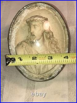 Antique Holy Christ Religious Shrine Domed Glass Oval Frame Unique c1800-1900's