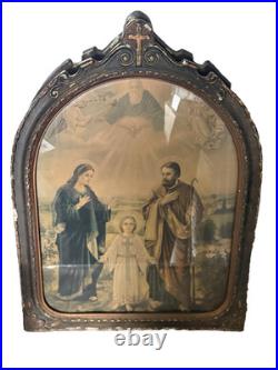 Antique Holy Family Chromolithography in Ornate Religious Frame Need Restoration