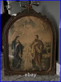 Antique Holy Family Chromolithography in Ornate Religious Frame Need Restoration