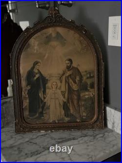 Antique Holy Family Chromolithography in Ornate Religious Frame Need Restoration