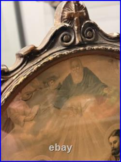 Antique Holy Family Chromolithography in Ornate Religious Frame Need Restoration