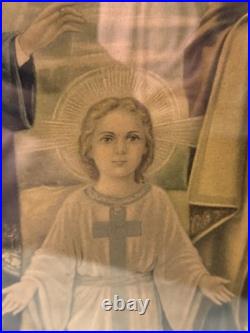 Antique Holy Family Chromolithography in Ornate Religious Frame Need Restoration