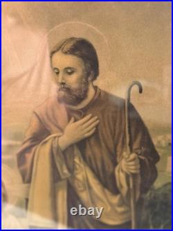 Antique Holy Family Chromolithography in Ornate Religious Frame Need Restoration