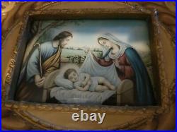 Antique Holy Family Light Up Chalkware Framed Religious Convex Glass 16 3/4L