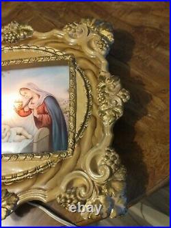 Antique Holy Family Light Up Chalkware Framed Religious Convex Glass 16 3/4L