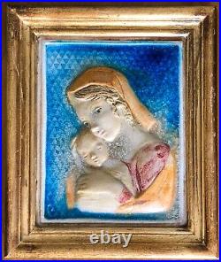 Antique Holy Religious Christian Madonna Mother Child Glass Pottery Tile Framed