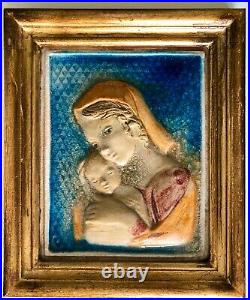 Antique Holy Religious Christian Madonna Mother Child Glass Pottery Tile Framed