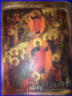 Antique Icon Descent Into Hell Oil Wood Christian Gilt Religious Rare Old 18th