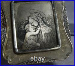 Antique Icon of Madonna and Child-Hand-Etched Religious Art in Ornate 800 Silver