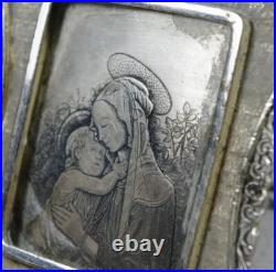 Antique Icon of Madonna and Child-Hand-Etched Religious Art in Ornate 800 Silver