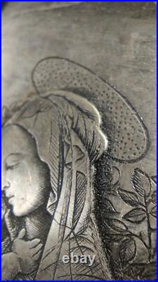 Antique Icon of Madonna and Child-Hand-Etched Religious Art in Ornate 800 Silver