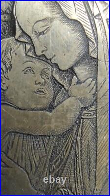 Antique Icon of Madonna and Child-Hand-Etched Religious Art in Ornate 800 Silver
