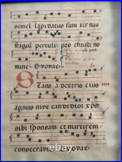 Antique Illuminated Gregorian Chant Manuscript on Vellum Framed Medieval Choir
