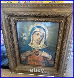 Antique Immaculate Sacred Heart of Mother Mary Religious Print Gold Frame 16x20 Antique Immaculate Sacred Heart of Mother Mary Religious Print Gold Frame 16x20