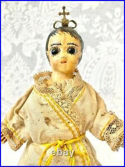 Antique Infant of Prague Religious Statue Doll Silk Gown Wood Glass Eyes Jesus