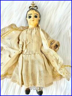 Antique Infant of Prague Religious Statue Doll Silk Gown Wood Glass Eyes Jesus