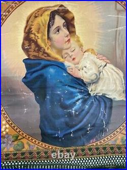 Antique Italian Madonna and Child Hand Painted and Woven Tapestry 19th Century