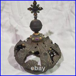 Antique Italian Statue Crown With Motifs, Gilt Metal-work Verdigris Religious