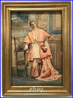 Antique Italian Watercolor Painting of a Catholic Cardinal Religious Framed b