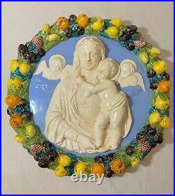 Antique Italian majolica Della Robbia glaze pottery religious Mary wall plaque Antique Italian majolica Della Robbia glaze pottery religious Mary wall plaque