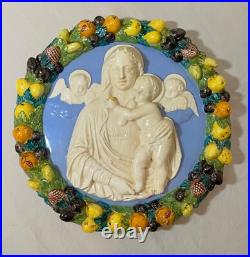 Antique Italian majolica Della Robbia glaze pottery religious Mary wall plaque Antique Italian majolica Della Robbia glaze pottery religious Mary wall plaque