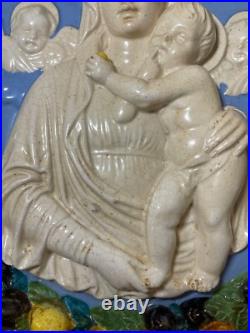 Antique Italian majolica Della Robbia glaze pottery religious Mary wall plaque Antique Italian majolica Della Robbia glaze pottery religious Mary wall plaque