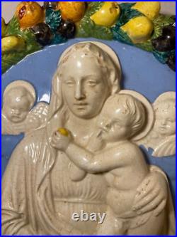 Antique Italian majolica Della Robbia glaze pottery religious Mary wall plaque Antique Italian majolica Della Robbia glaze pottery religious Mary wall plaque