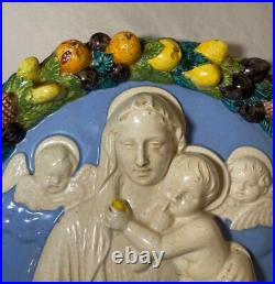 Antique Italian majolica Della Robbia glaze pottery religious Mary wall plaque Antique Italian majolica Della Robbia glaze pottery religious Mary wall plaque