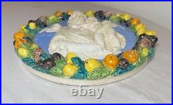 Antique Italian majolica Della Robbia glaze pottery religious Mary wall plaque Antique Italian majolica Della Robbia glaze pottery religious Mary wall plaque