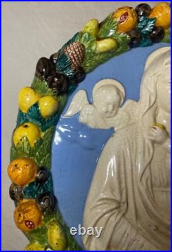 Antique Italian majolica Della Robbia glaze pottery religious Mary wall plaque Antique Italian majolica Della Robbia glaze pottery religious Mary wall plaque
