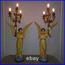 Antique Italian pair religious art plaster church presbytery angel lamps 1920s