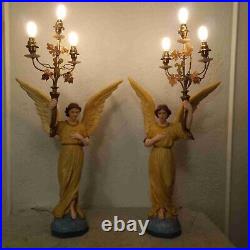 Antique Italian pair religious art plaster church presbytery angel lamps 1920s