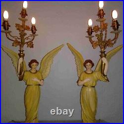 Antique Italian pair religious art plaster church presbytery angel lamps 1920s