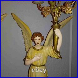 Antique Italian pair religious art plaster church presbytery angel lamps 1920s