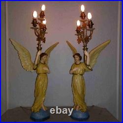 Antique Italian pair religious art plaster church presbytery angel lamps 1920s