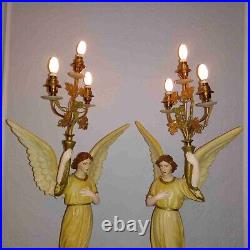 Antique Italian pair religious art plaster church presbytery angel lamps 1920s