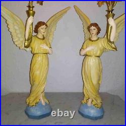 Antique Italian pair religious art plaster church presbytery angel lamps 1920s