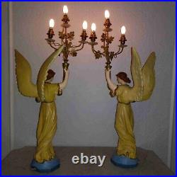 Antique Italian pair religious art plaster church presbytery angel lamps 1920s