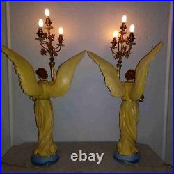 Antique Italian pair religious art plaster church presbytery angel lamps 1920s