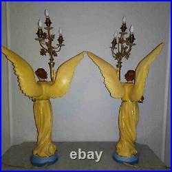 Antique Italian pair religious art plaster church presbytery angel lamps 1920s