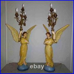 Antique Italian pair religious art plaster church presbytery angel lamps 1920s