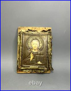 Antique Jesus Christ Icon Chromolithography On Tin 7x5.7 Religious Collectible