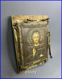 Antique Jesus Christ Icon Chromolithography On Tin 7x5.7 Religious Collectible