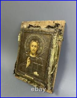 Antique Jesus Christ Icon Chromolithography On Tin 7x5.7 Religious Collectible