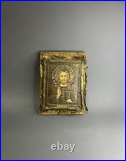Antique Jesus Christ Icon Chromolithography On Tin 7x5.7 Religious Collectible