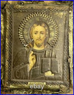 Antique Jesus Christ Icon Chromolithography On Tin 7x5.7 Religious Collectible